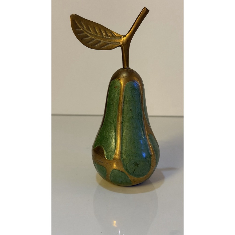 Brass and Green Enamel Pear Paperweight 5" Cloisonné Style Mid Century Modern
